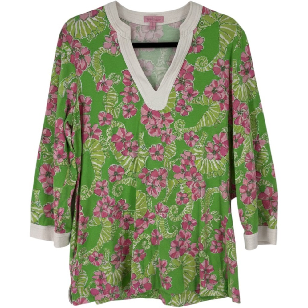 Lilly Pulitzer Joy Tunic Top Womens L Limeade Floaters Pink Seahorse Floral